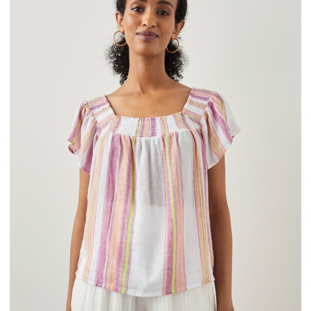 NWT Rails Sonora Linen Top Hibiscus Stripe Sz Smal Pink White Pink Orange Green
